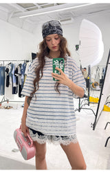 レースストライプミックススリムフィットTシャツ