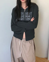 Jibil Rhinestone US フラッグクロップドロングスリーブフーディージップアップ