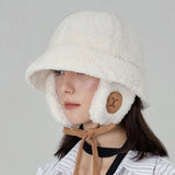 VA Curved Logo Sherpa Fur Flap Bucket Hat / Cream