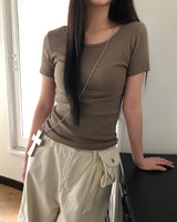 モジュ Uネック スリム ラウンド ショートスリーブ Tシャツ