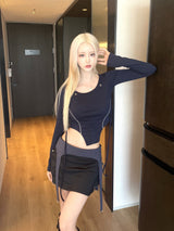 1208. Eyelet ribbon curved crop T (2color)