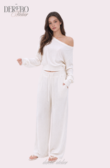 ワッフル アシンメトリカル オフショルダー スウェットパンツ セット (TOP+PANTS SET)