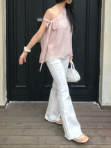 Lovie Unbal One-Shoulder Ribbon Chiffon Blouse