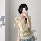 ルーズスリムフィット💫カラーリングレイヤードUネックシャーリングボタンデイリーTシャツ(6 colors)