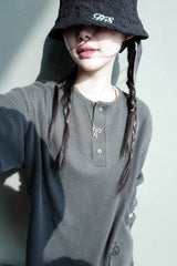 ダメージワッフルボタンロングスリーブ Ｔシャツ チャコール