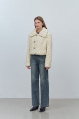 HOOK CLOSING UNBALANCE COLLAR FUR SHORT JACKET - IVORY