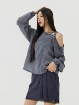 One-shoulder Blanc Ribbon Shirring Detail Top, Charcoal
