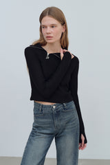 LOGO MIX UNBALANCE HALF ZIP-UP TOP - BLACK