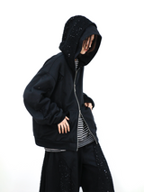 RELABEL (Dark Night Unravelled) デタッチャブルダブルキャップハイプリシュアダイアモンドパターネッドマルチダブルジップフーディー