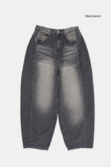 Deep side fold balloon denim pants