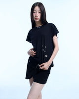 グランジクローレオパードアイレットTシャツ - ブラック