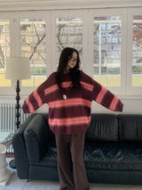 Hazy Hairy Stripe Loose Rose-Fit Knit