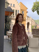 wool no collar brown button fur jacket