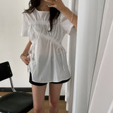 Memory Round-Neck Drawstring Shirring Summer Blouse 2 Colors