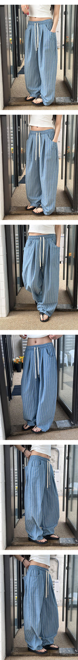 [Unisex] リネンストライプバンドパンツ(2color)