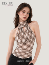 Shphone check holder neck mint-sleeved blouse Top 