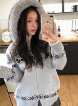 Nordic Fur Hood Knit Zip-up (2color)