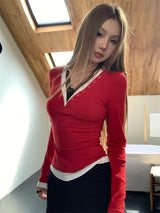 Lace Layered Long Sleeve V-Neck T-Shirt