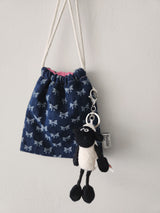 denim ribbon string pouch - deep blue M