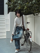 Drain embossed washed balloon denim pants