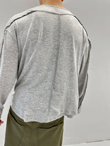 アンバランスネックラインスラッシュカットレイヤードTシャツ(グレー)