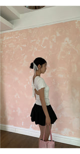 Back slit bow ribbed short sleeve tee