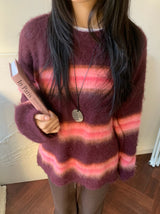 Hazy Hairy Stripe Loose Rose-Fit Knit