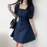 Eto Square Neck Puff Flare Mini Raw Denim One Piece