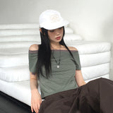 ストライプオフショルダー半袖Tシャツ