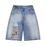 GP118 チェックレイヤードダメージバミューダデニムパンツ (LIGHT INDIGO)