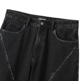 Grain Curved Seam Washed Denim Pants - BLACK