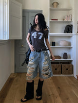 Raw Destroyed Bermuda Denim Pants