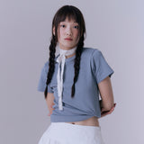 90's スカラップステッチネックTシャツ (DUSTY BLUE)
