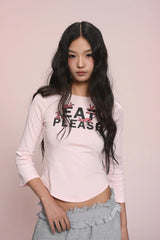 eat me plz * ラビットプリントライトピンクウエストバンドフィッテッドセブンスリーブTシャツ
