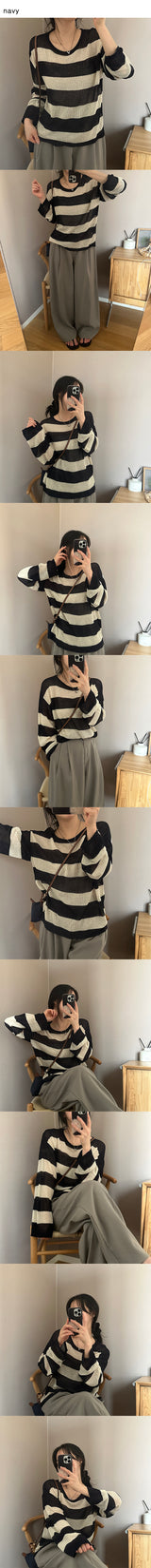  Big stripe see-through long sleeve knit T