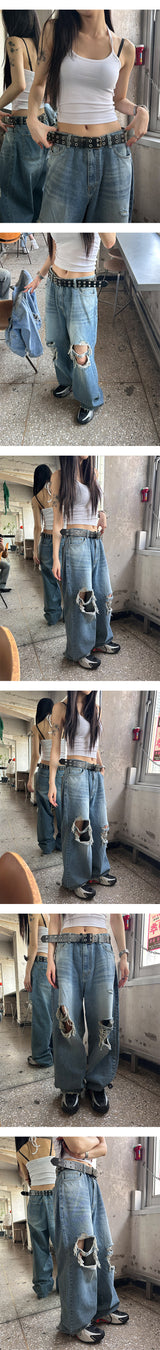[Unisex] 膝下ダメージワイドデニムパンツ