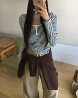 カラーブロックヘンリーネックストライプTシャツ