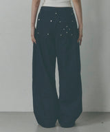 Side Pintuck Rivet Wide Denim Pants [Washed Blue]