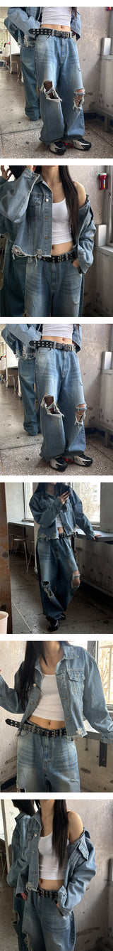 [Unisex] 膝下ダメージワイドデニムパンツ