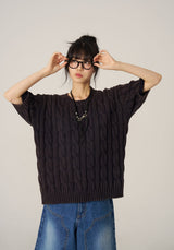 Cable Washing Short-Sleeved Knitwear - Navy