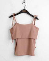 Sirom Ribbon Strap Ribbed Off Shoulder Short Sleeve T-Shirt