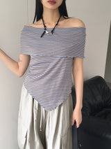 Seby Stripe Diagonal Off-Shoulder T-Shirt