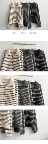 Metal logo big collar stripe knit cardigan
