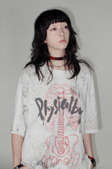 スケルトンレースプリントロールヘム半袖Tシャツ-white