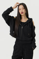 Shoulder Cutout Crop Hooded Zip-Up, Black