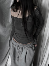 off-shoulder shirring strap T (4color)