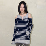オーバーロックオフショルダーTシャツ: ST. ネイビー