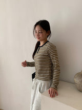 Mibat Stripe Henley Neck Long Sleeve Tee