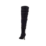 Denim Buckle Open Toe Boots Heel(Black)