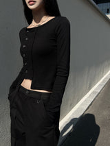 Snap Button Unbuttoned Round Dekki Long Sleeve T (3 Colors)